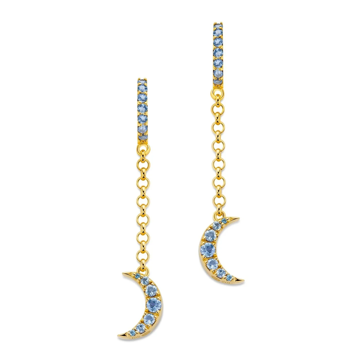 Blue Sapphire and Tanzanite Moon Drop Earrings in Yellow Gold