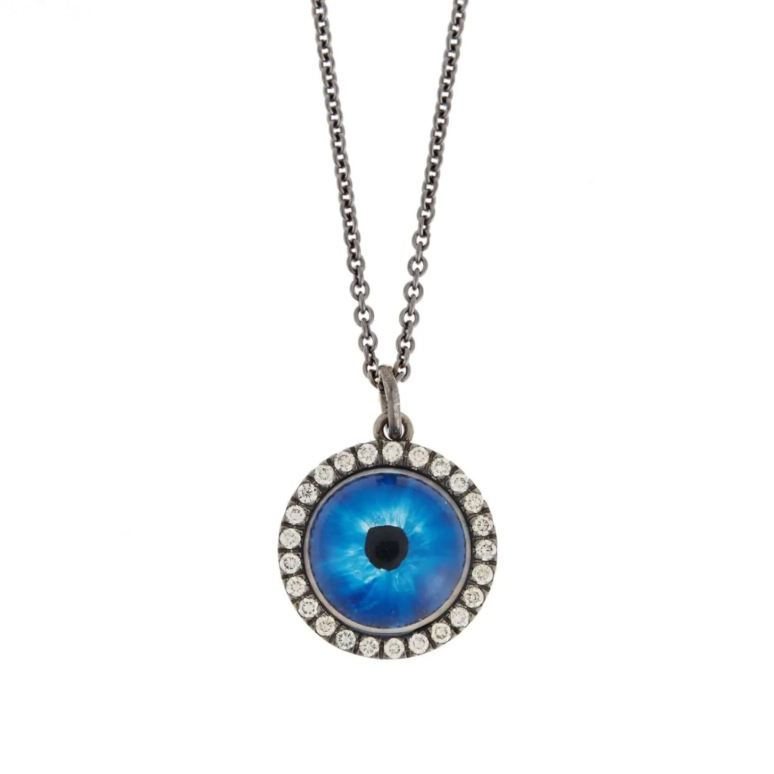 Champagne Diamond Deep Blue Eye Necklace in Blackened White Gold