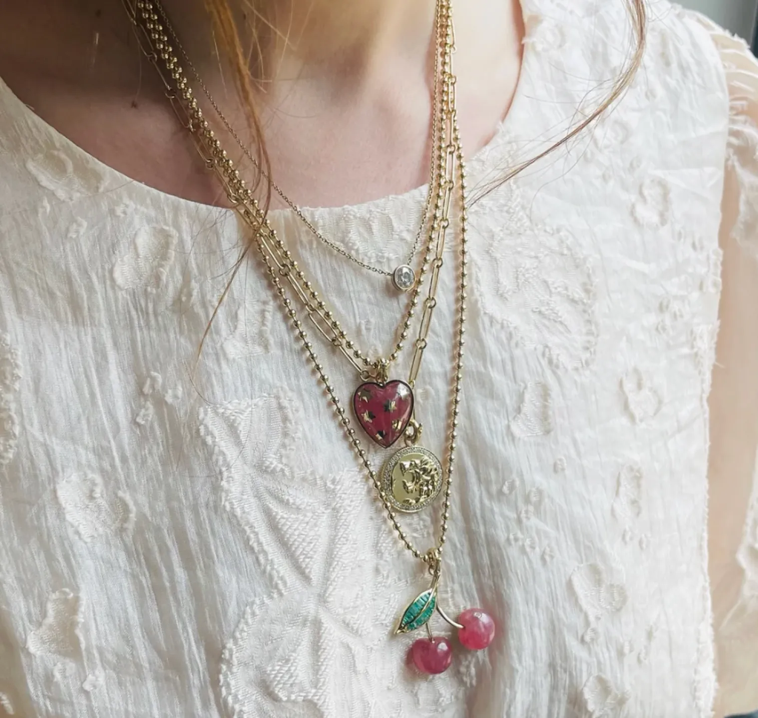 Emerald and Rhodochrosite Sweet Cherry Charm in Yellow Gold