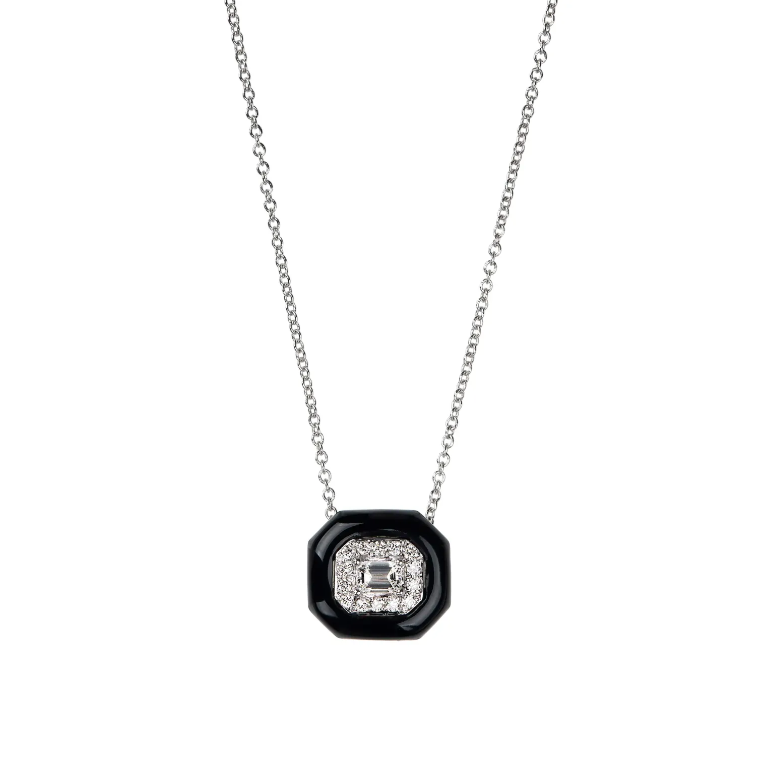 Emerald and White Diamond Oui Necklace in White Gold