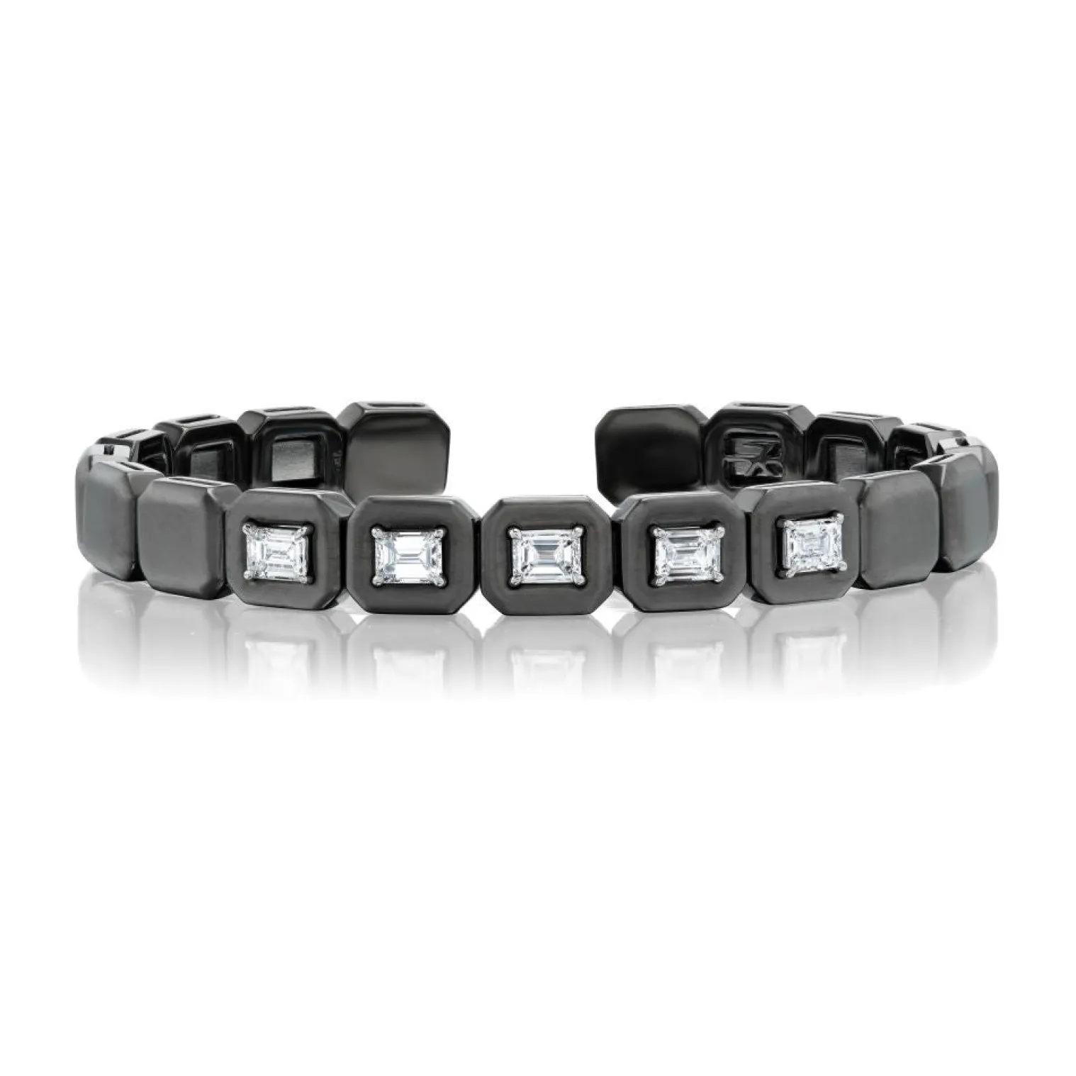 Emerald Cut White Diamond Me Cuff Bracelet in Blackened White Gold