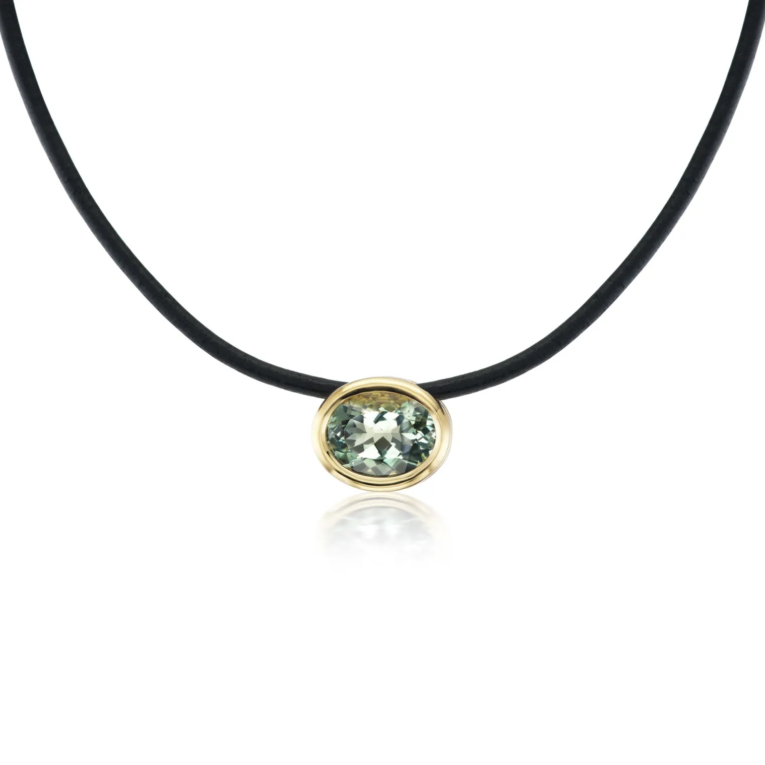 Green Amethyst Scuba Choker in Black Leather and Yellow Gold