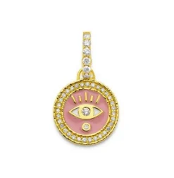 Pink Enamel Evil Eye Coin Pendant with diamonds