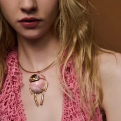 Rhodochrosite and Pink Sapphire Sloth Necklace in Rose Gold