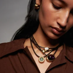 Sol Necklace with Diamond Accent in Black Leather and Yellow Gold