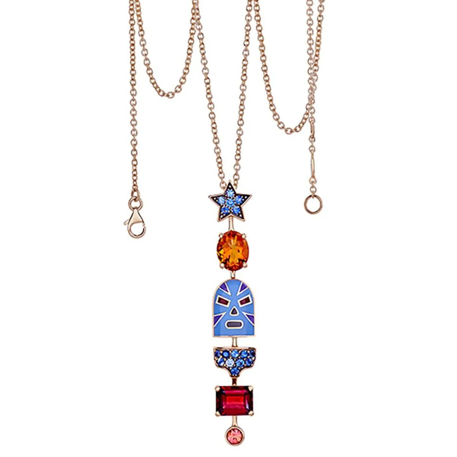 The Mankind Luchadores Pendant in Blue Enamel, Mixed Gemstones and Yellow Gold