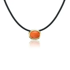 Vintage Red Coral Scuba Choker in Black Leather and Yellow Gold