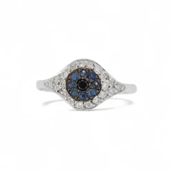 White Diamond and Blue Sapphire Cat's Eye Ring in White Gold