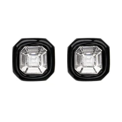 White Diamond and Enamel Oui Stud Earrings in White Gold