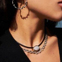 White Diamond Pavé Scuba Choker in Black Leather and Yellow Gold
