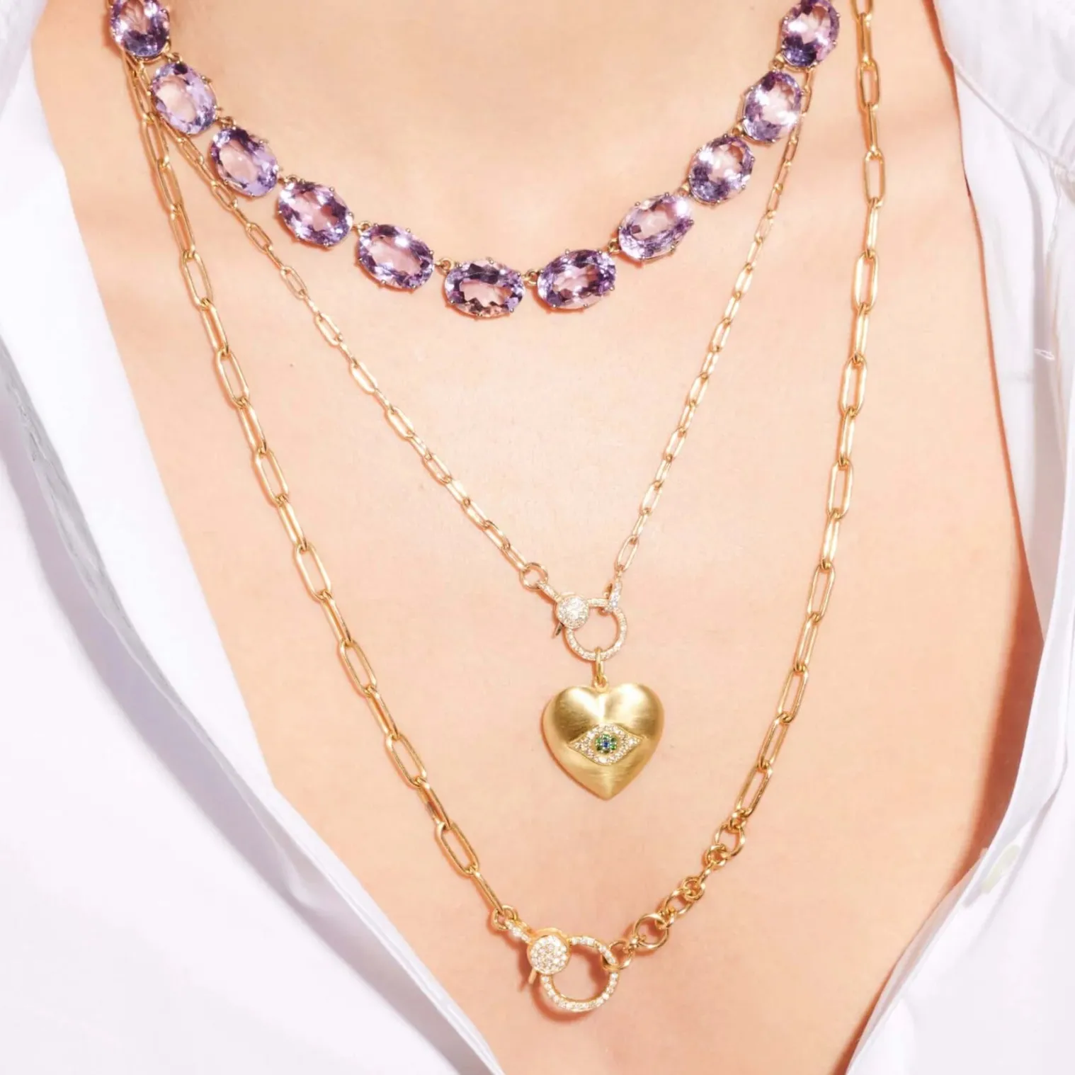 Yellow Gold Elongated Link Chain with Small Pave Diamond Lock
